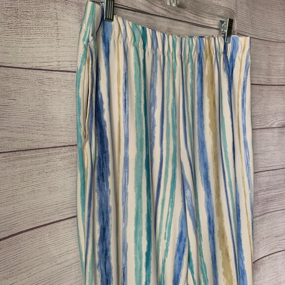 Susan Graver Blue Beige Striped Crop Wide Leg Pants or Capris Pockets Size M - Picture 11 of 12